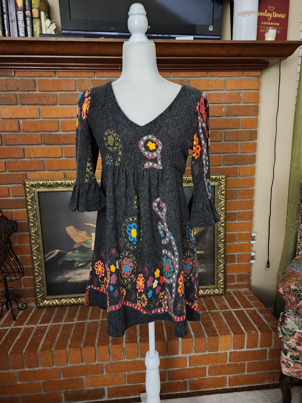 OB 2-12 Charcoal Midi Dress with Floral Accents Medium